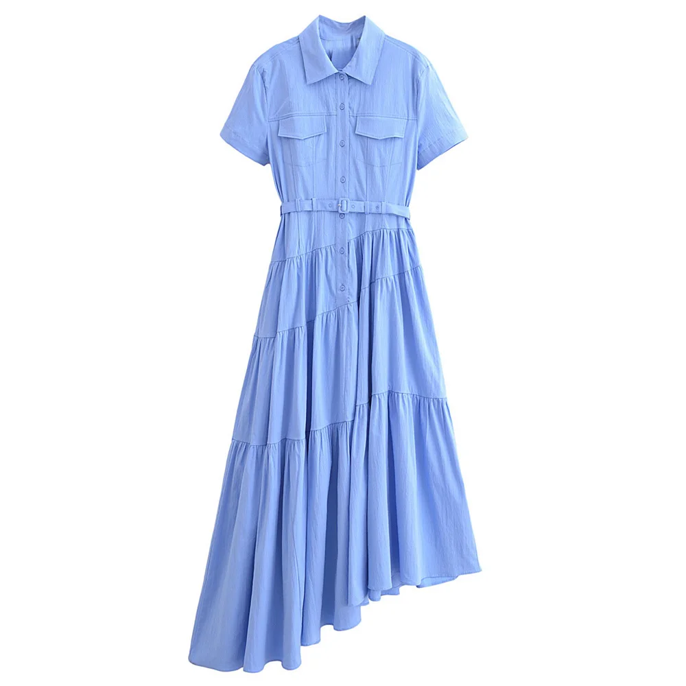 2024ZAR4 Summer New Women\'s European and American Luxury Instagram Style with Belt Shirt Short Sleeve Wide Swing Dress