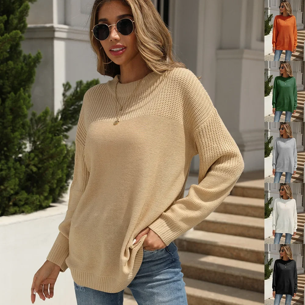 2023 Autumn and Winter New Sweater Women's Solid Color Temperament Commuter Long Sleeve Knitted Sweater Women's Wear