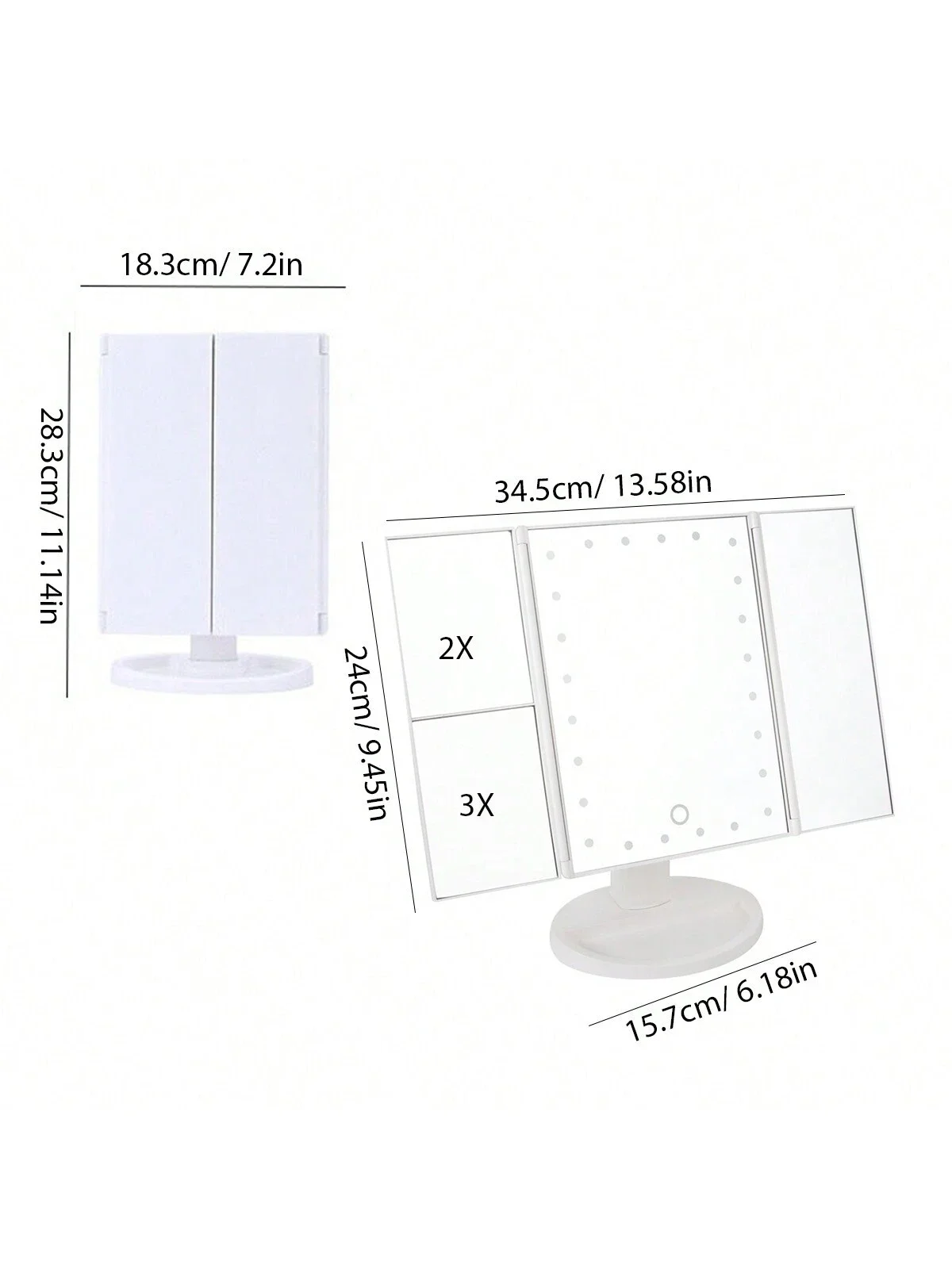 1 espejo de maquillaje plegable con tres aumentos de 2x 3x con 22 LED, adecuado para viajes, portátil, espejo de maquillaje USB plegable