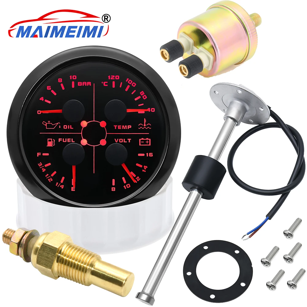 

4 in 1 Multifunction Gauge Oil Pressure Gauge Bar/Psi Fuel Level Water Temp Meter Voltmeter with Light Alarm or Sensor