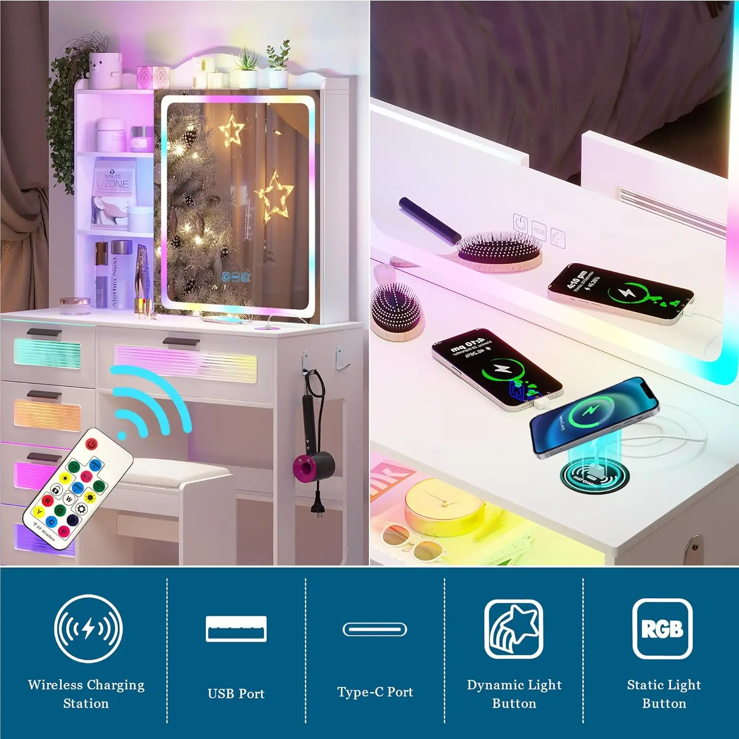 Bedroom White Vanity Set with LED Mirror, RGB Light & Jewelry Organizer view 6