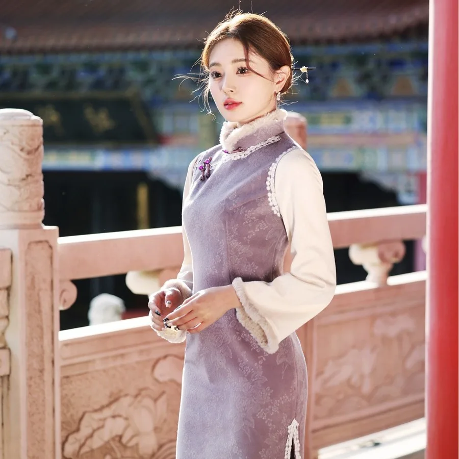 

Yourqipao Retro Chinese Style Woolen Large Sleeve Cheongsam Evening Dresses Winter New Plush Collar Warm Feather Qipao Hanfu