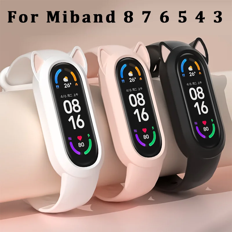 Siliconen Hoesje Kat Oorwarmer Riem Voor Xiaomi Serie Miband 8 7 6 5 4 3 Zacht En Ademend Tpu Materiaal Band Voor Miband Polsband