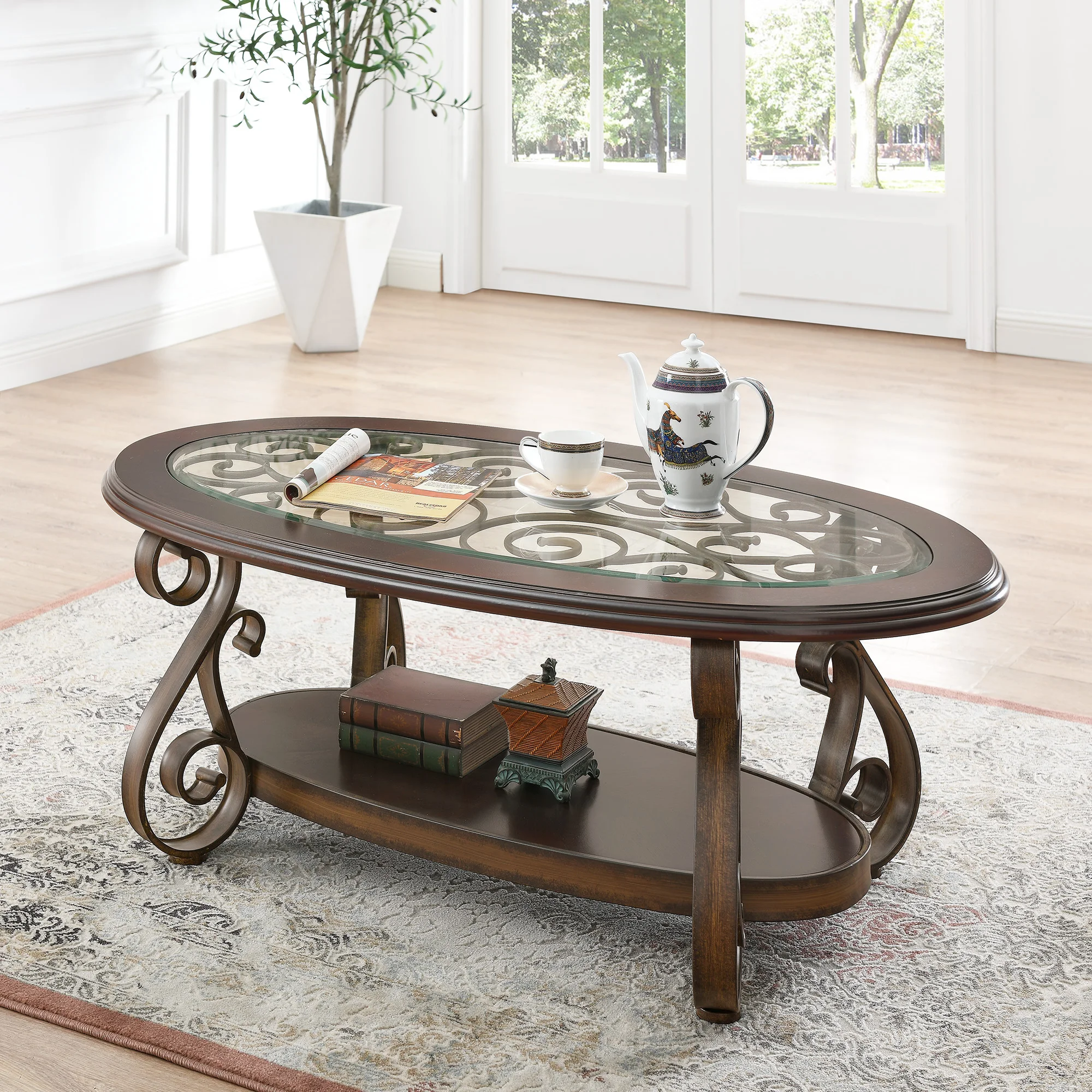 Coffee Table with Glass Table Top and Powder Coat Finish Metal Legs，Dark Brown （52.5