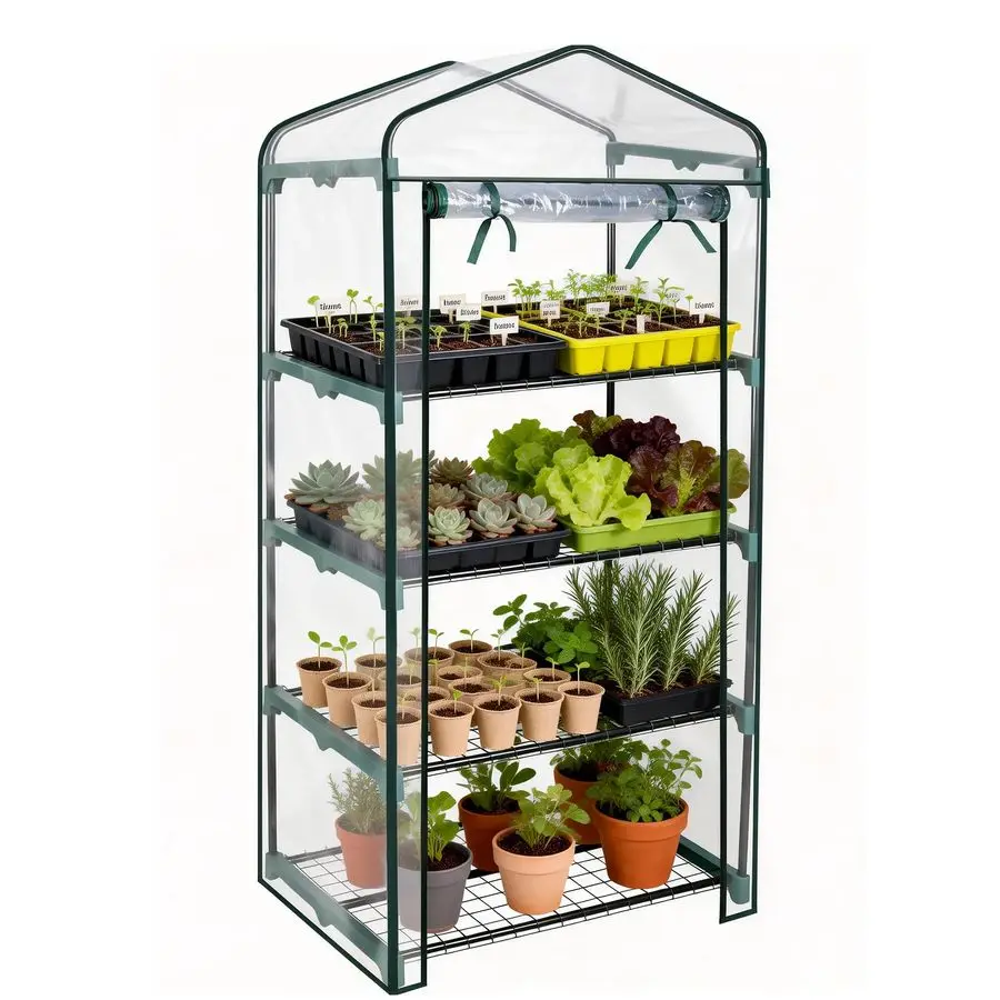 

Garden 4 Tier Mini Greenhouse 63 H x 27 L x 19 W Sturdy Portable Gardening Shelves with PVC Cover Small Green House Use in Indoo