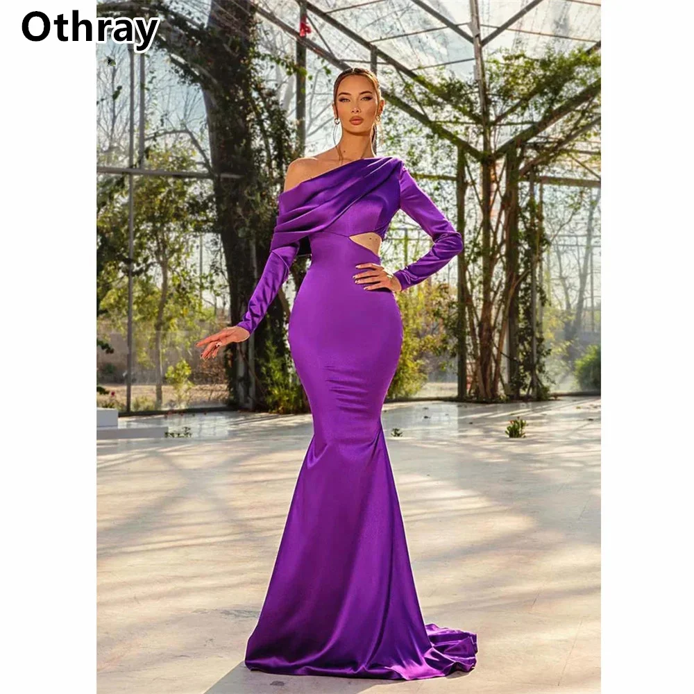 Othray Purple Evening Dresses One Shoulder Satin Pleats Long Sleeves Prom Dress Cutaway Sides Formal Met Gowns Robe De Soirée