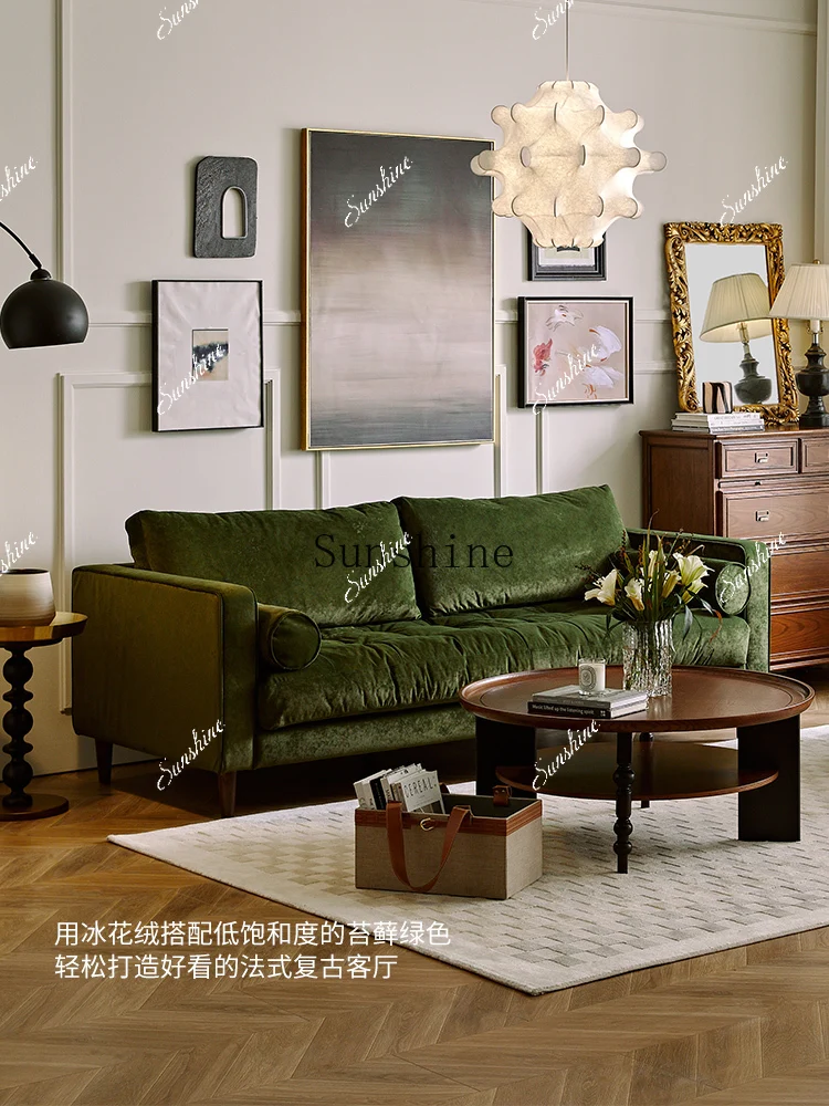 

French retro green living room small apartment fabric home multi-person straight-row sofa FT