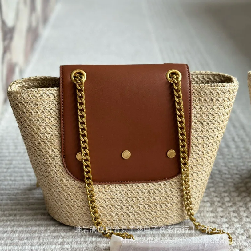 YS 2024 New Summer Contrast Spliced Grass Large Capacity Handmade Woven Bag Simple And Fashionable One Shoulder Handbag