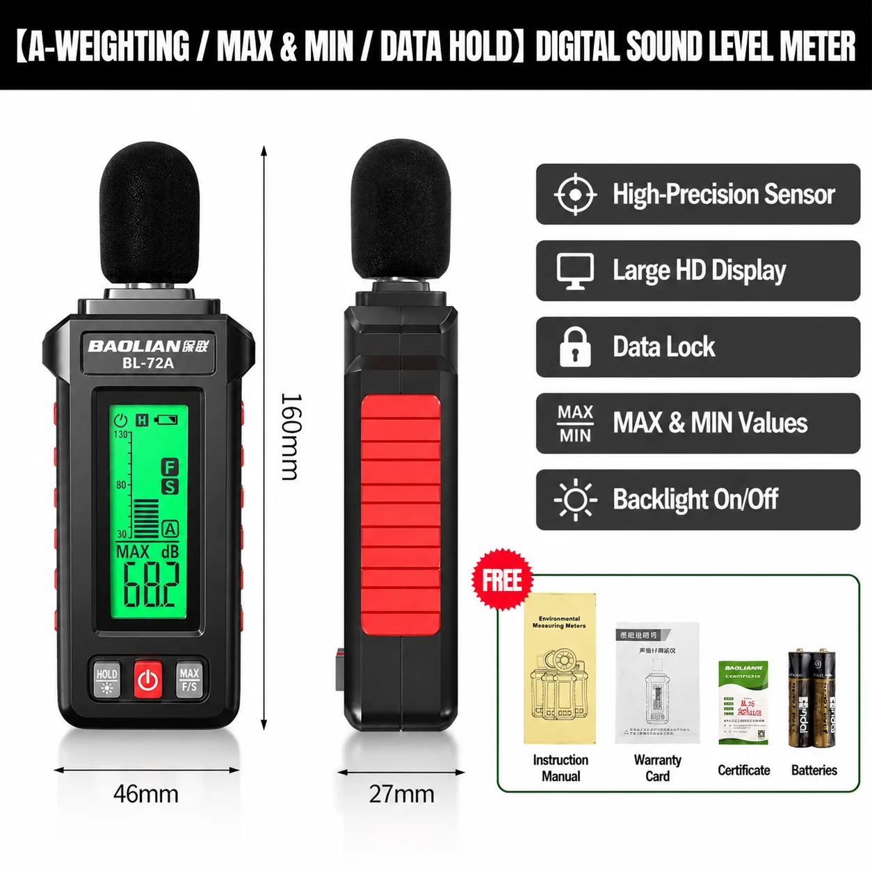 Digital Decibel Meter Sound Level Meter Noise Tester Portable Audio Measurement Tool for Home Industrial Noise Level Detection