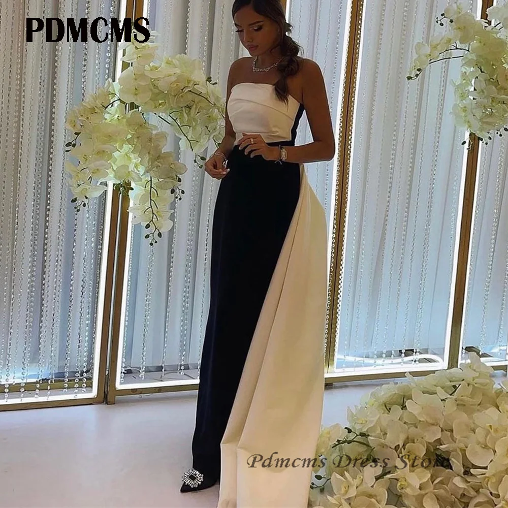 

SSYTENS Black Satin Strapless Evening Dresses Sleeveless Saudi Arabic Women Formal Party Prom Gowns White Long Vestidos Dress