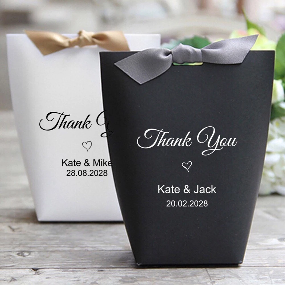 

10Pcs Personalised Thank You Paper Bags Custom Chic Wedding Candy Box Favors Gift Bags With Ribbon Jewelry Packaging Bags