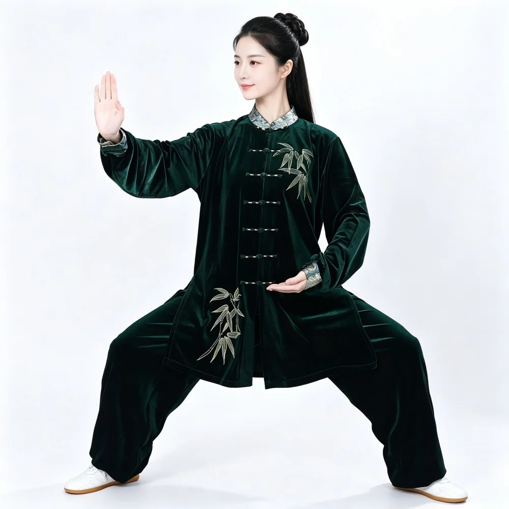 New Chinese Traditional Autumn Winter Tai Chi Suit Embroidered Bamboo Kung Fu Costume Loose Long Sleeve Top and Pants Set
