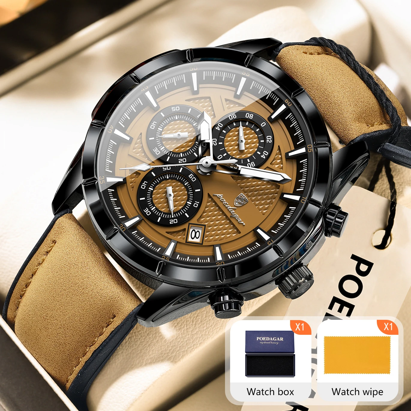 Image of POEDAGAR Top Original Herrenuhr Leder Leuchtend Wasserdicht Quarz Herrenuhren Datum Chronograph Mode Herren Armbanduhr Reloj