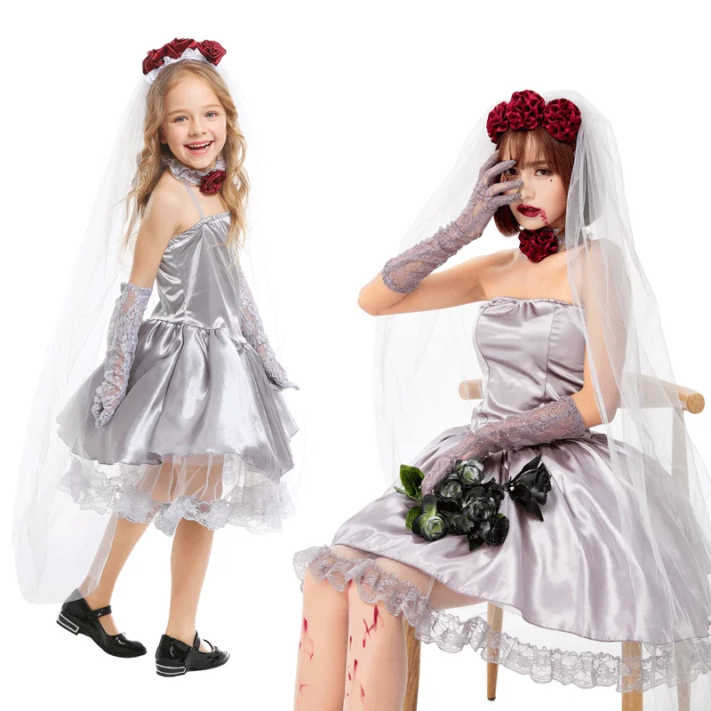 Kostium na Halloween dla dorosłych, przebranie czarownicy, strój ślubny, pasujące stroje dla rodziców i dzieci, maskarada, impreza w barze, występ...