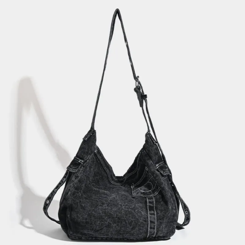 Retro Denim Black Large Capacity Tote Bag Wallet Women Washed Casual Crossbody Bags Female Vintage Canvas Bag Y2k Handbag 2025 image 2