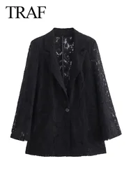 TRAF donna cappotto maniche lunghe Solid risvolto scava fuori Slim Sexy Lace Blazer da donna bottone singolo Pockt Suit Top Street capispalla