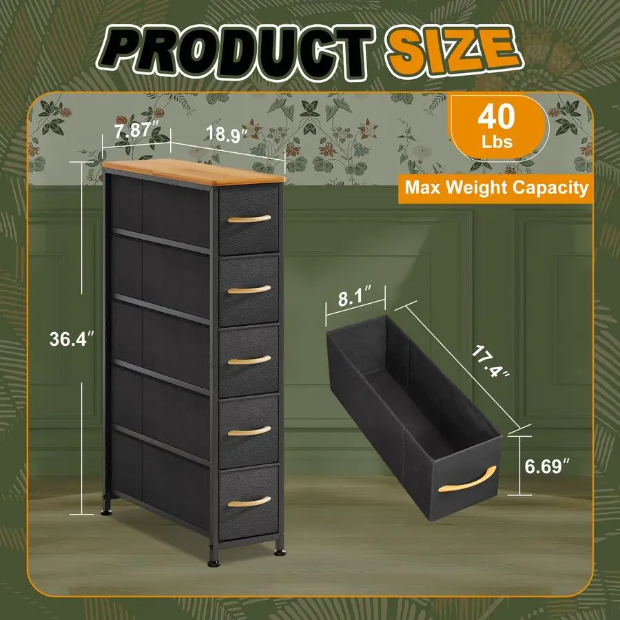 Torre de armazenamento de cômoda com 5 gavetas, cômoda fina com estrutura de aço, tampo de madeira, cômoda para quarto, banheiro,