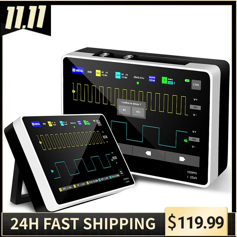 

Digital Oscilloscope, 2 Channels 7" TFT Touchscreen Tablet Oscilloscope, 100MHz Bandwidth 1GS/s Sampling Rate 30Kpts Storage