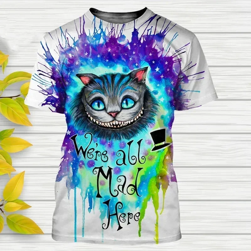 Disney Movie Alice in Wonderland Cheshire 3D Print T-shirt Anime Cat Graphic T-Shirt 2024 Summer Fashion Street Kids T-Shirt Top