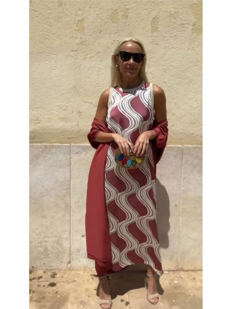 new Autumn Women's Two-piece Sets Dress Sleeveless Round-neck Ankle-length Sundress Cape Coat Bohemian Printed Vacation Dress image 6