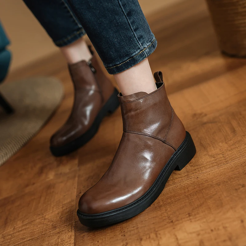 2025 Ankle Boots Handmade Women Vintage Boots Square Heel Winter Shoes Woman Round Toe British Spring Autumn Short Boots