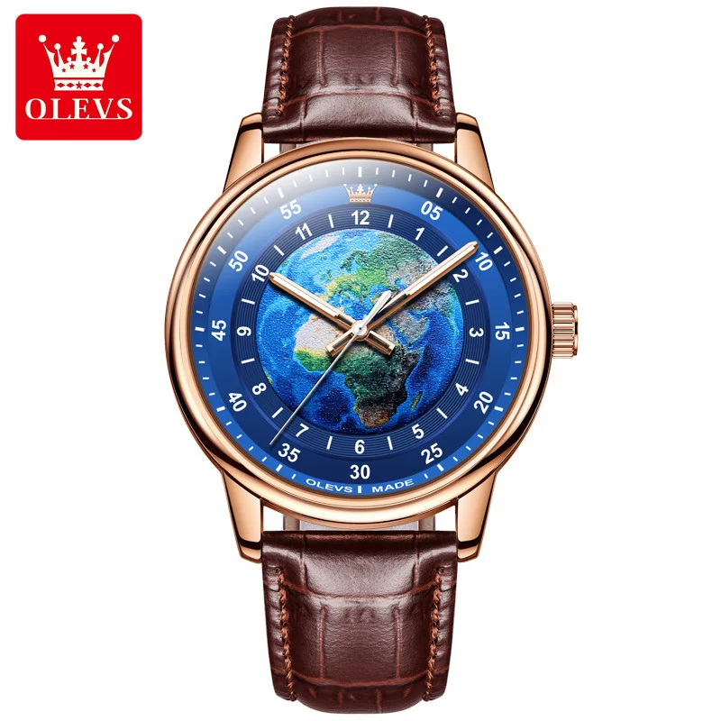 

OLEVS 5583 Quartz Men's Watch Fashion Casual Leather Strap Luxury Earth Element Design Blue Planet Dial Waterproof Wristwatch