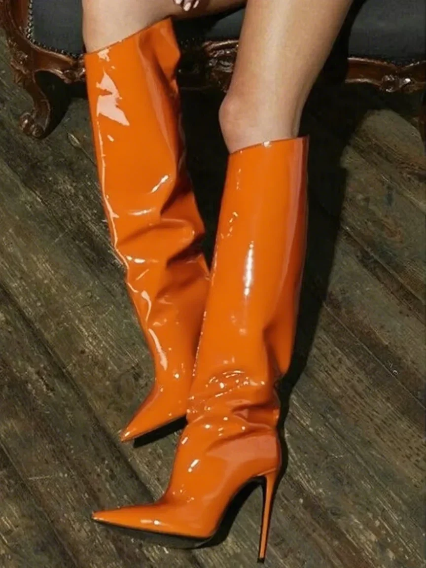 Patent Leather Beige Knee High Boots Runway Fashion Stiletto High Heel Sexy Pointed Toe Slip On 2024 New Arrivals Fashion Shoes view 4