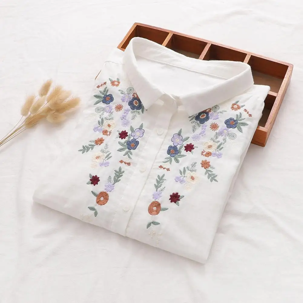 Chemise à imprimé brodé de fleurs pour femmes, chemisier, vêtements de bureau, simple boutonnage, revers, coupe d'été, haut de rue pour femmes