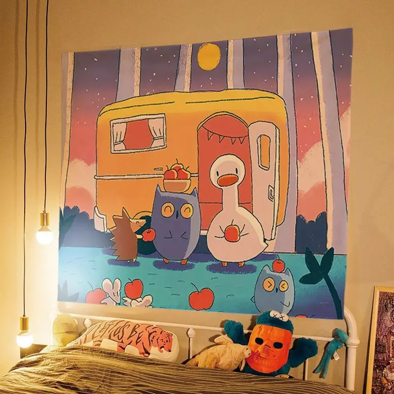 VIKAMA Night Station Sign Duckling Hedgehog Travel Tapestry, High Definition Wear-Resistant Fabric Wall Hanging for Living Room
