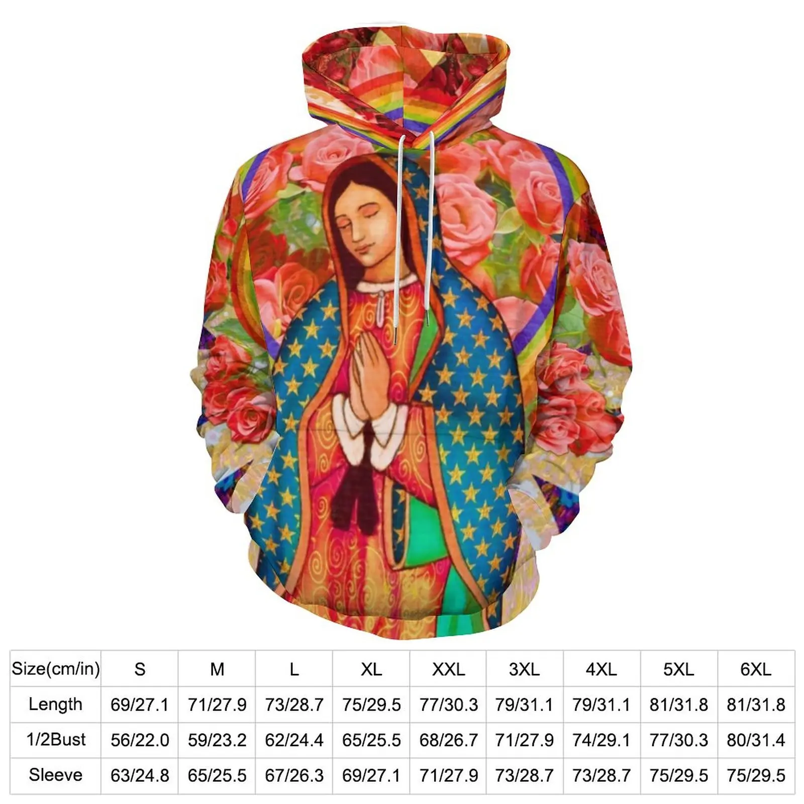 Virgin Mary Casual Hoodies Rainbow Guadalupe Elegant Hoodie Womens Long-Sleeve Street Wear Design Loose Oversized Tops