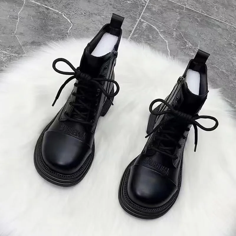 2024 Fashion Round Toe Women’s Platform Non-slip Leather Booties Lace-up Booties Outdoor Casual Daily hot Boots Botas Mujer