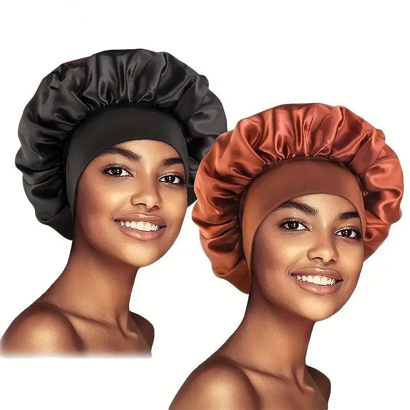 2 Pack Wide Elastic Band Satin Bonnet Women Silk Sleep Cap 2 Colors Night Hair Wrap For Curly Natural Hair Care