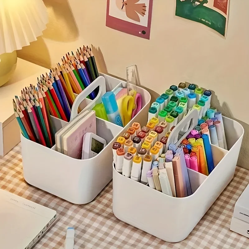 

1pc Plastic Pen Holder, Desk Sundries Container, Portable Art Painting Tool Organizer With Handle, Stationery Sundries Basket