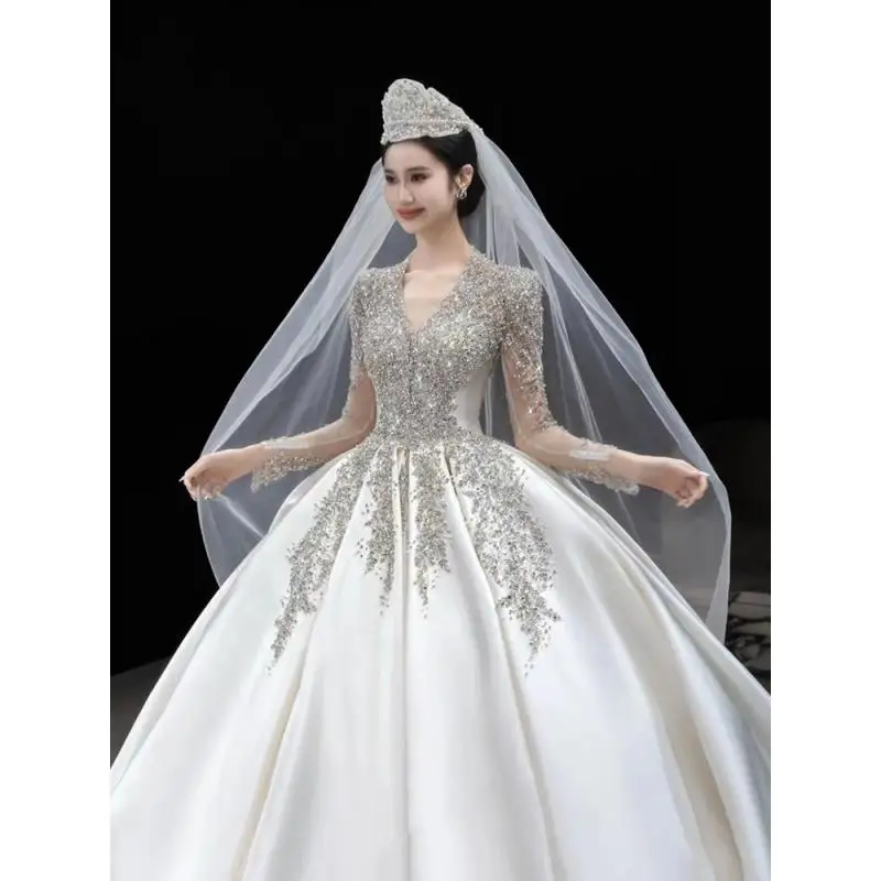 Y&M Long Sleeve V Neck Ivory Satin Wedding Dress 2025 Sweetheart Beaded Ball Gown Customized Bride Princess Vestido De Novia