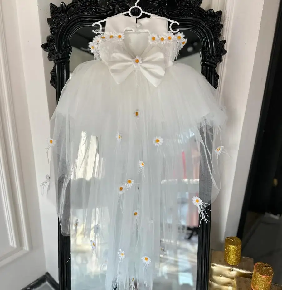 Robes de demoiselle d'honneur, style haut-bas, robe de princesse avec longue traîne, robe de fête d'anniversaire pour enfant, robe bouffante florale en tulle