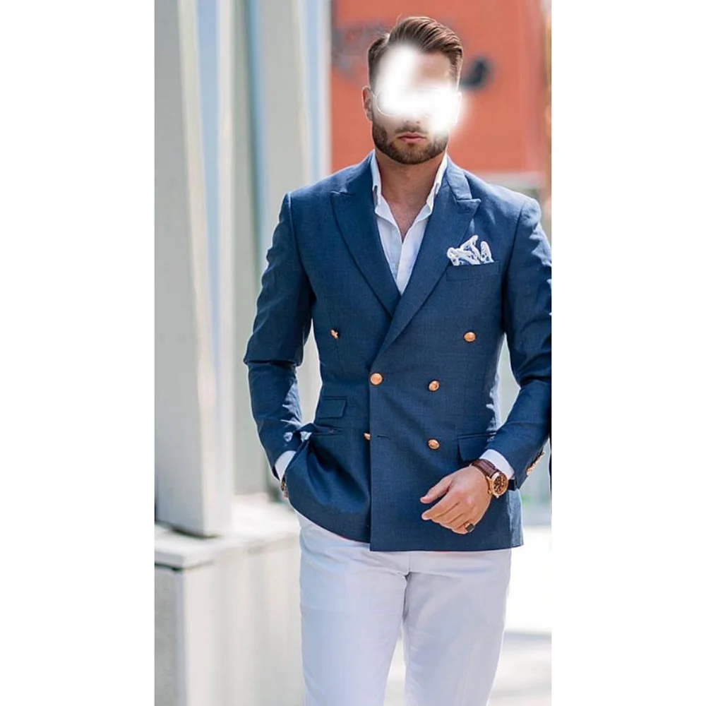 

Handsome Blue Peaked Lapel Double Breasted Men Suits Wedding Formal Party Fashion Man Sets Banquet Sets 2 Pieces (Jacket+Pants)