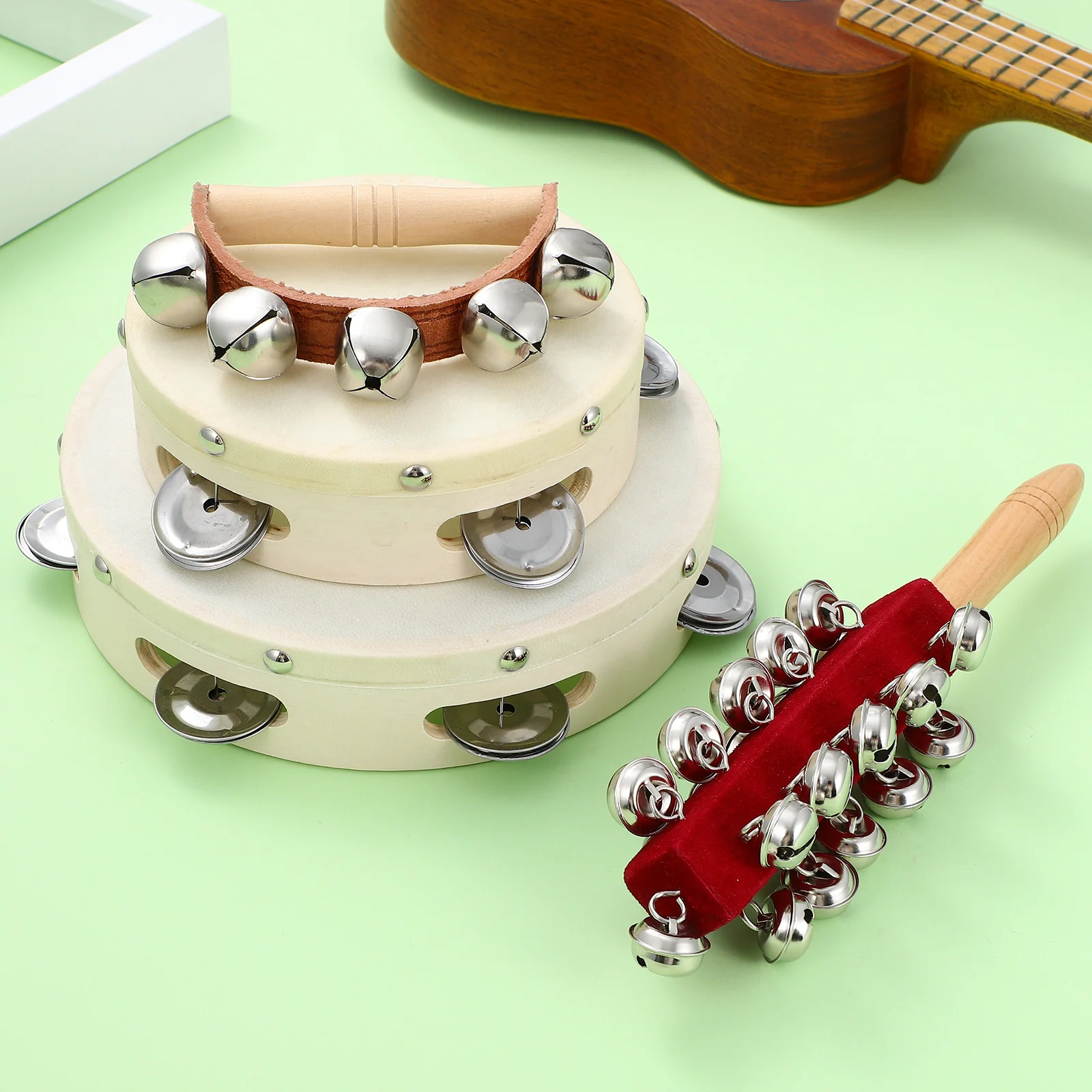 

4pcs Tambourine Drums Set Half Moon Hand Tambourine Bell Stick Kids Musical Instruments For Children Music Class Percussion