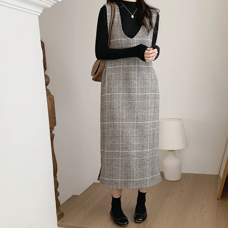 Chic Herbst Winter frauen Dr V-Ne Lose Dünne Gerade Beiläufige Lange Plaid Woolen Weste Langen Rock Ci pendeln Sle H-ape