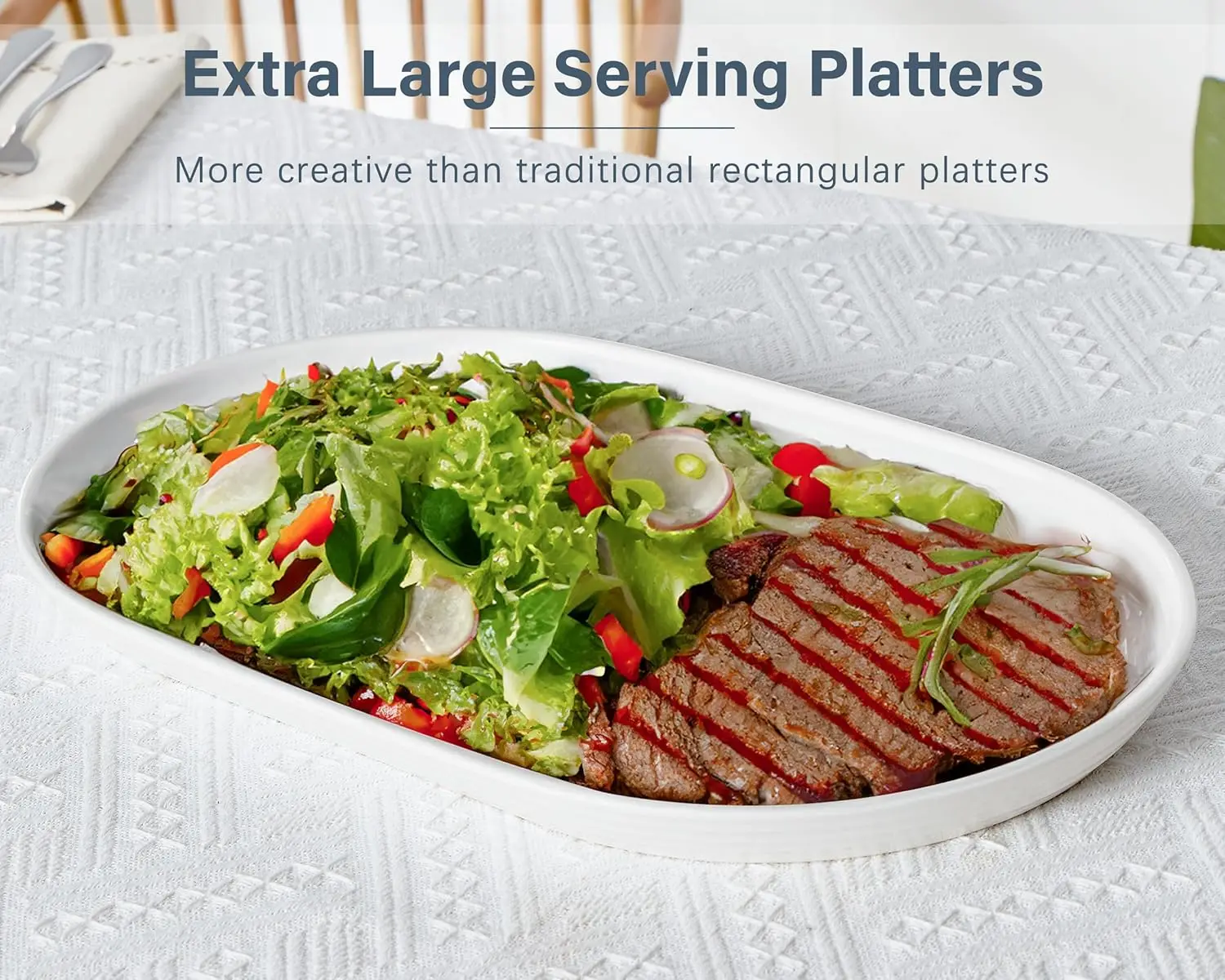 16 Inch Ceramic Serving Plates for Entertaining, Set of 2 Large Oval Dinner Plates- Dishwasher Oven Safe Serving Tray for Food M