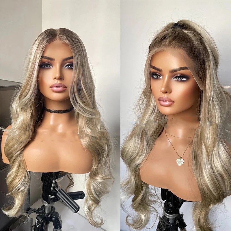 Ash Platinum Blonde Mix Synthetic Lace Wig Dark Roots With Preplucked Realistic Natural Hairline Wig For Women Hairloss Alop Wig