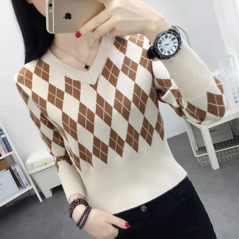 Autumn Winter New Women\'s Pullovers Argyle V-Neck High Waist Slim Appear Thin Sweaters Fashion Casual Versatile Long Sleeve Tops