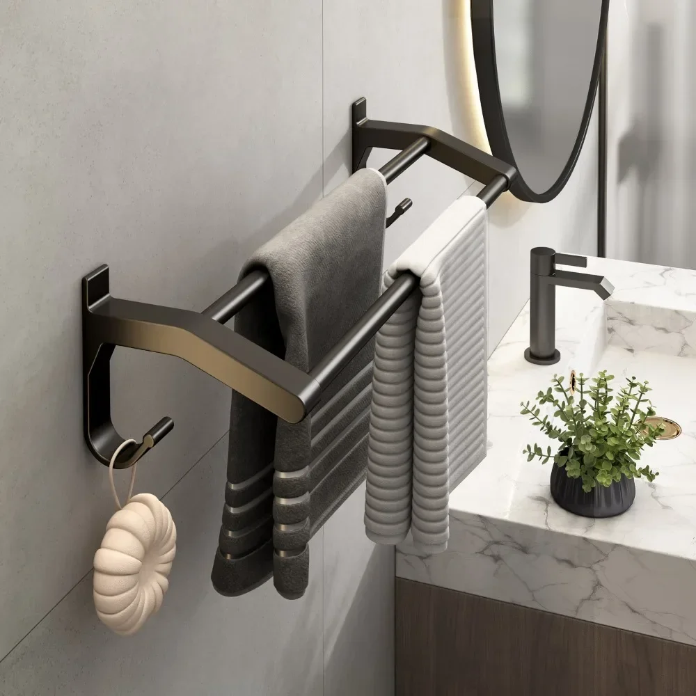 Bath Hardware Sets Towel Rack  Shower Bar Rail Holder Double Shelves Hooks Hanger Paper Tray Toilet Brush Holders Black Aluminum