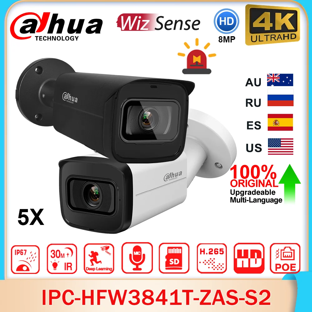 Dahua Original IPC-HFW3841T-ZAS-S2 8MP 4K 5X Zoom Bullet WizSense Network IP Camera IR 60M MIC SD Slot IVS SMD4.0 AISSA POE IK10