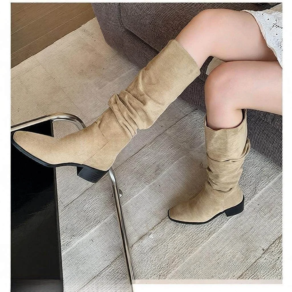 

Women's Autumn Winter High Tube Knight Boots Folded Western Cowboy Boots PU Leather Mid-Calf Waterproof Platform Rubber Sole