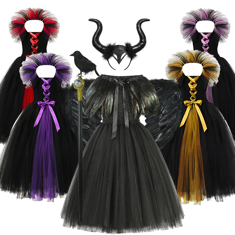 Disney Maleficent Cosplay Costume Girls Black Dresses Luxury 2023 Halloween Carnival Evil Queen Robe Children Witch Clothes