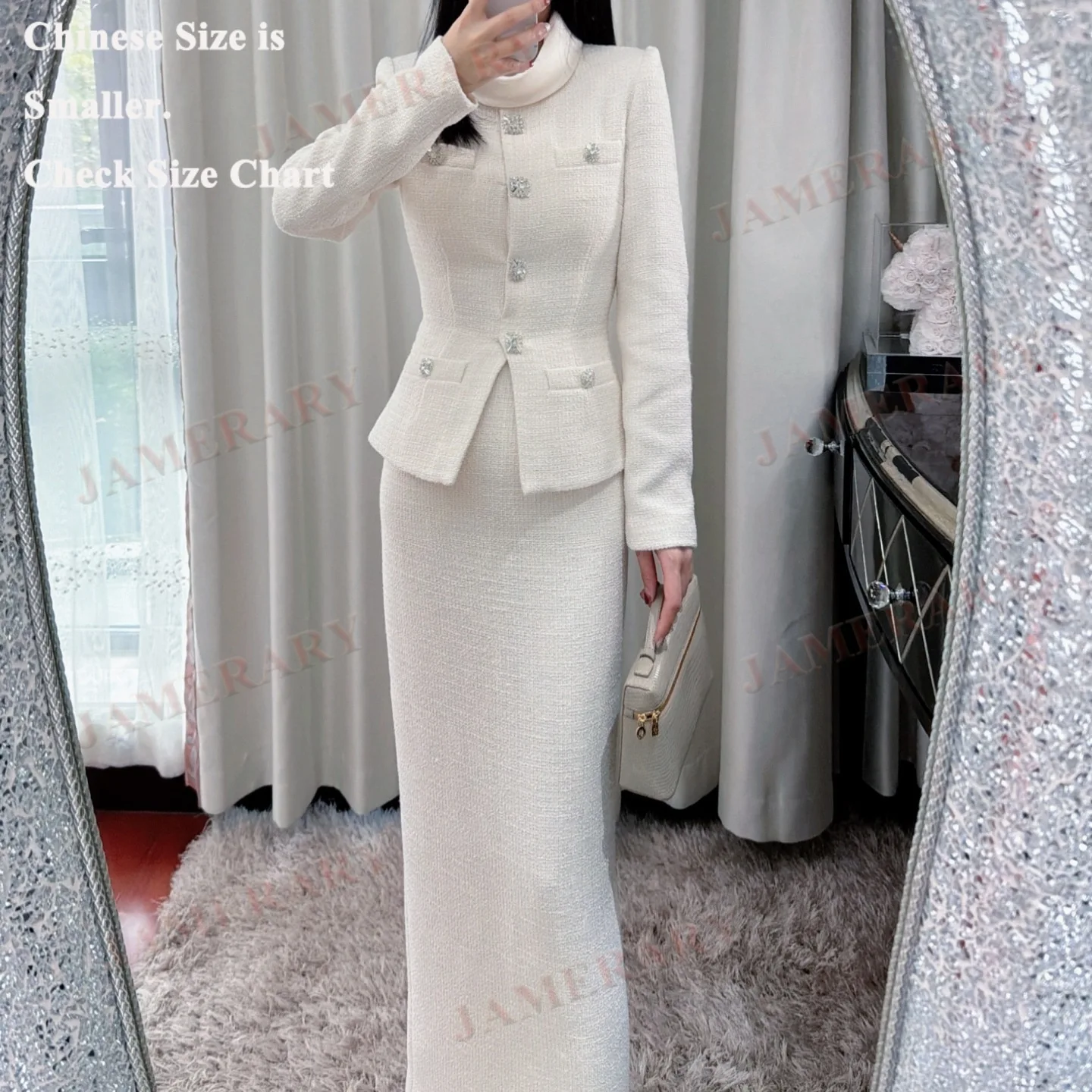 Marca de qualidade outono inverno branco manga longa tweed conjunto de duas peças feminino vestidos longos único breasted luxo formal vestido de noite