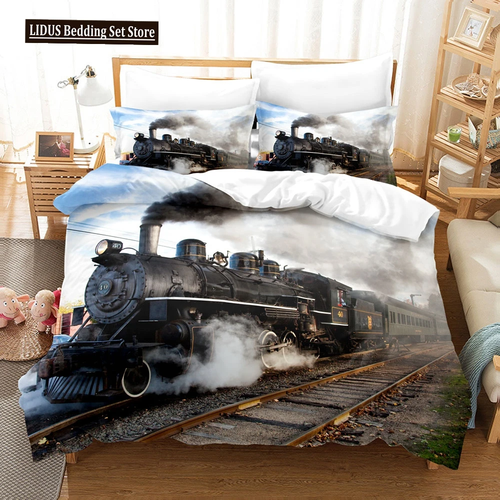 

Steam Engine Duvet Cover Set Black Smoke Vintage Locomotive Train Picture King Queen Size For Kid Boy Girl Polyester Bedding Set