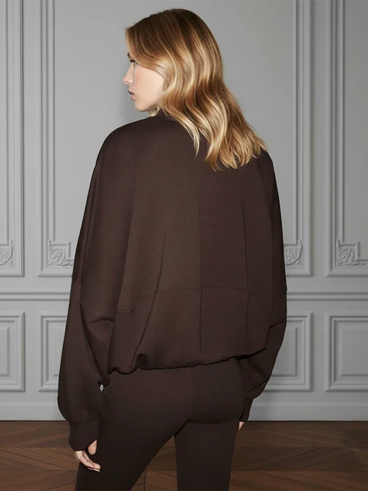 

Brown V-neck Short Women Coat Chic Casual Full Sleeve Zipper Patchwork Loose Jacket 2025 Lady High Street Commute Outwear New