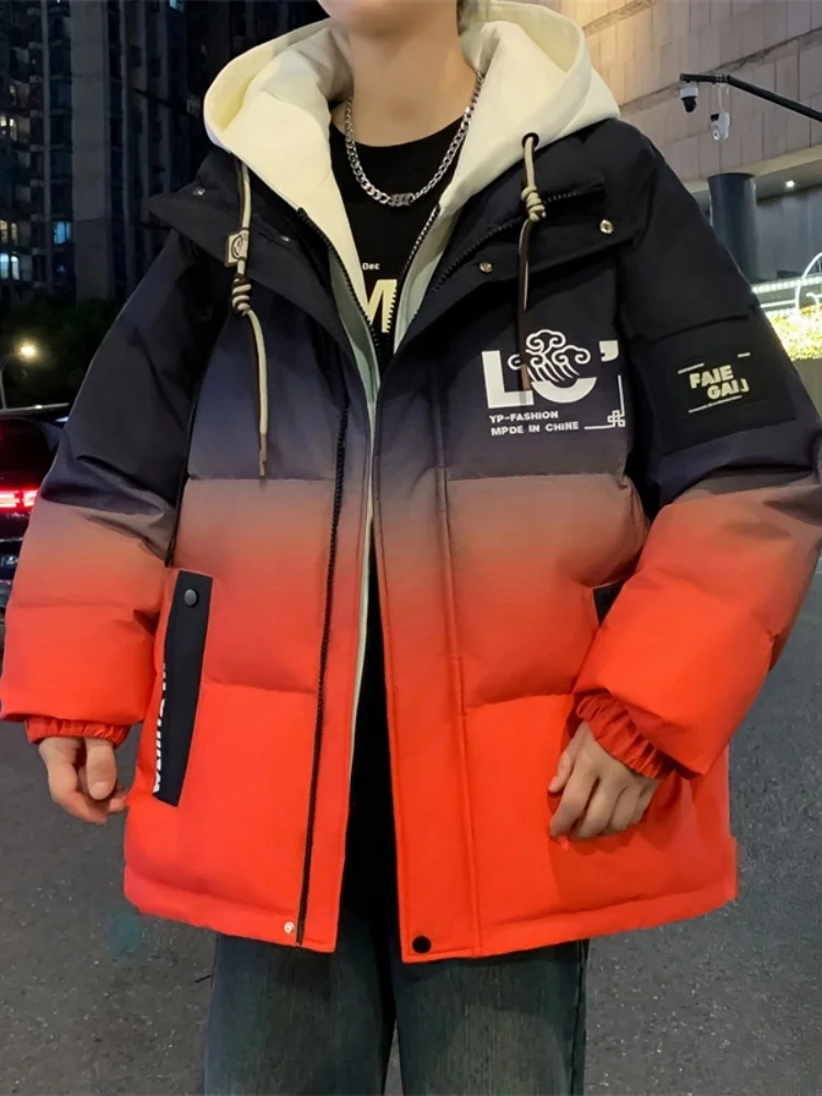 

Мужская пуховая куртка с градиентным цветом, теплая, белая, с наполнителем из перьев, молодежная, для защиты от холода, с капюшоном, зимняя верхняя одежда