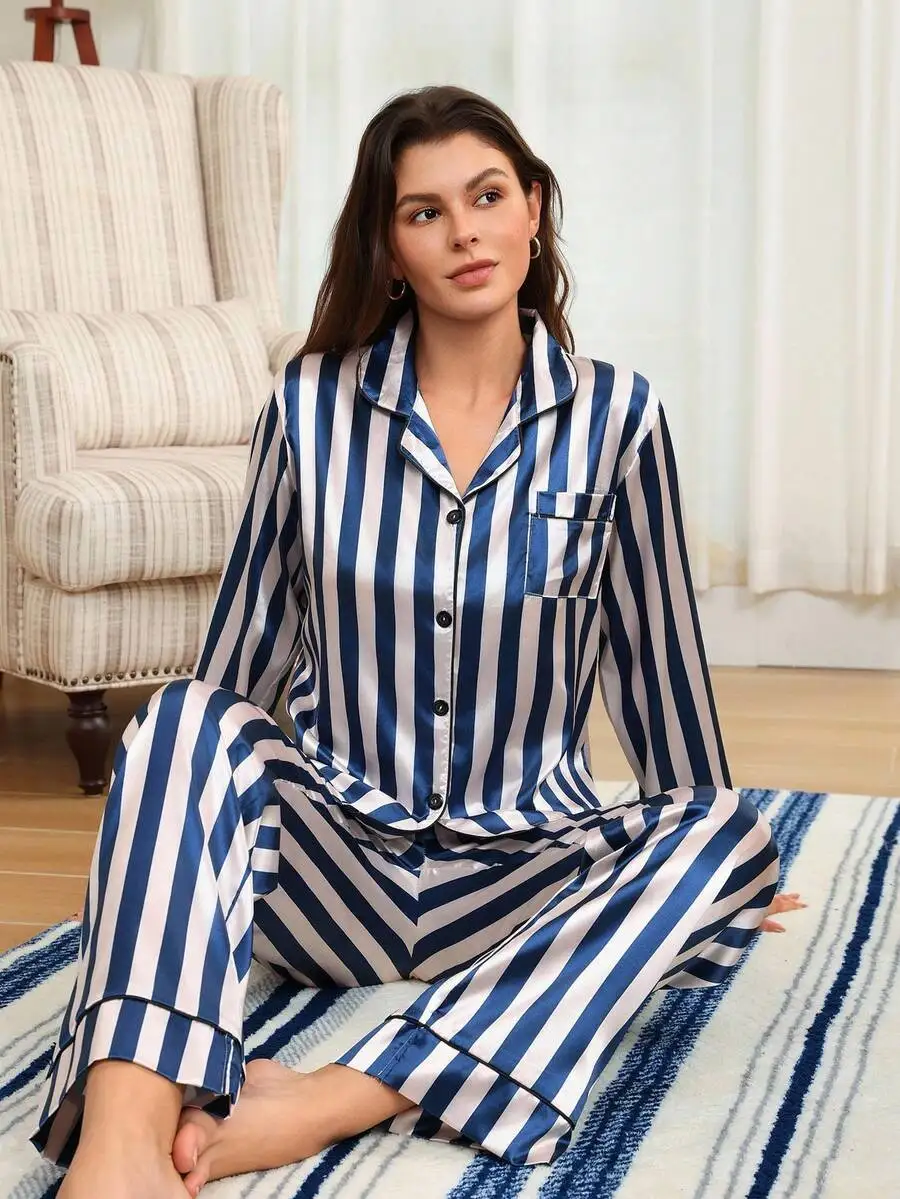 

Striped Long Sleeve Pajama Set For Women Satin Sleepwear Fall Winter